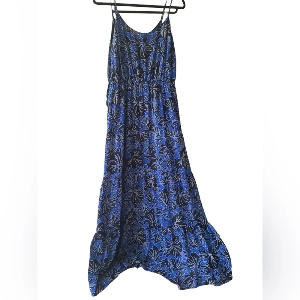 Michael Kors Blue/Black Palm Tree Print‎ Floral Tiered Maxi Dress NWOT Sz. Large